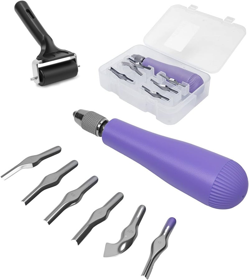 UCEC Linocut Carving Tools Linoleum Cutter for Block Printing Supplies Linocut Tools for DIY Sculpture Carving tools & Beginners 6 Blades Universal Size Purple With A Brayer Roller(2.4 Inch) - Image 1